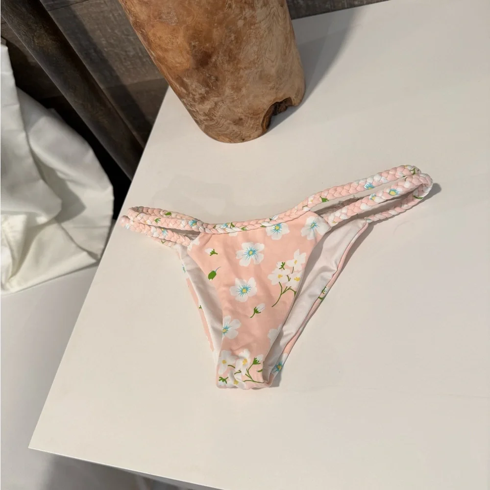 Frankie's Bikinis White and Pink Floral Braided Bikini Bottom